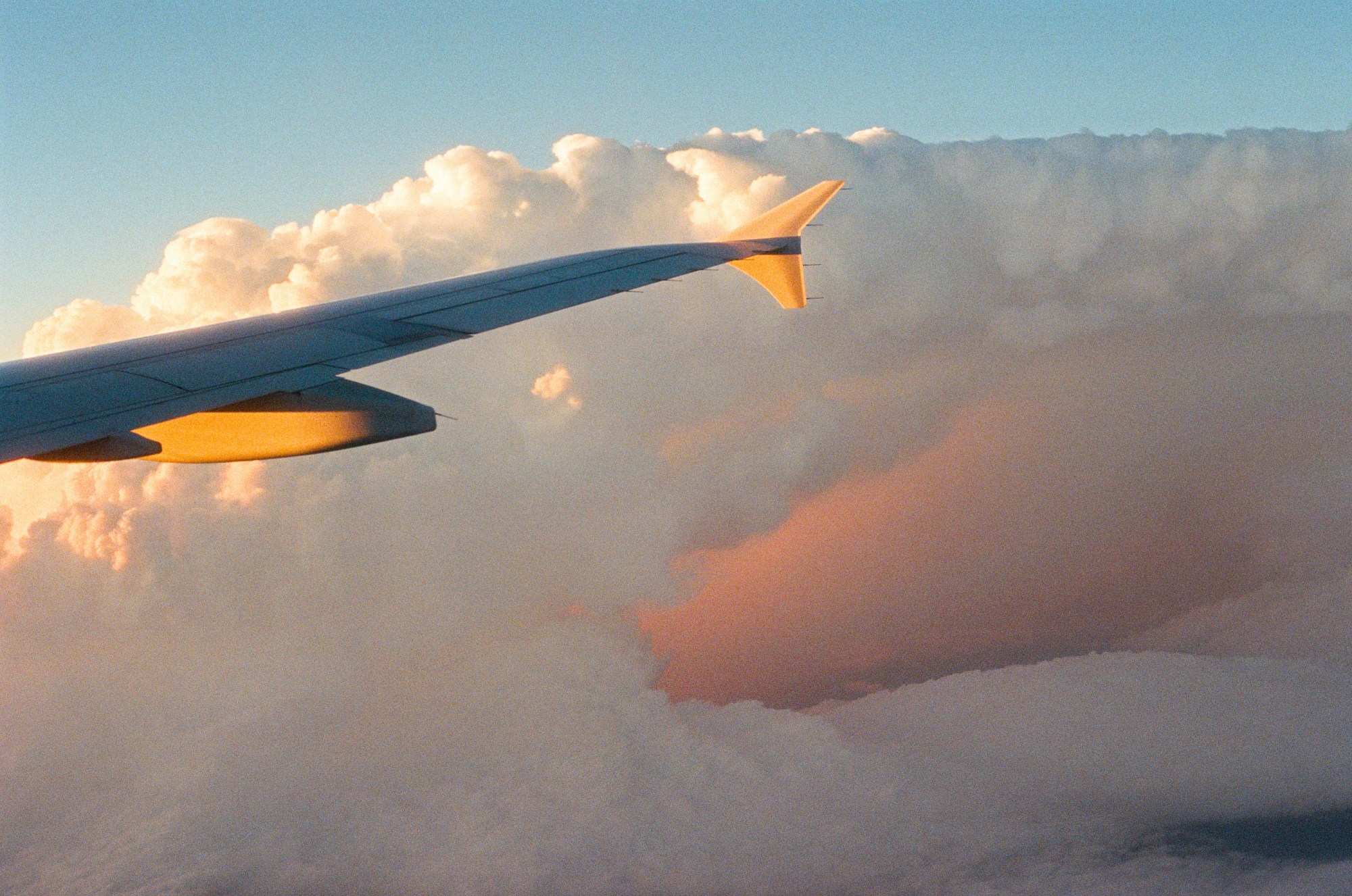 夕暮れの空に伸びる飛行機の翼